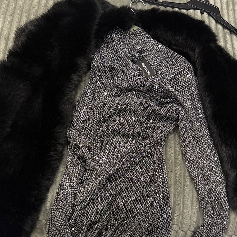 Elegant Black Faux Fur Coat with Silver Sequin Dress